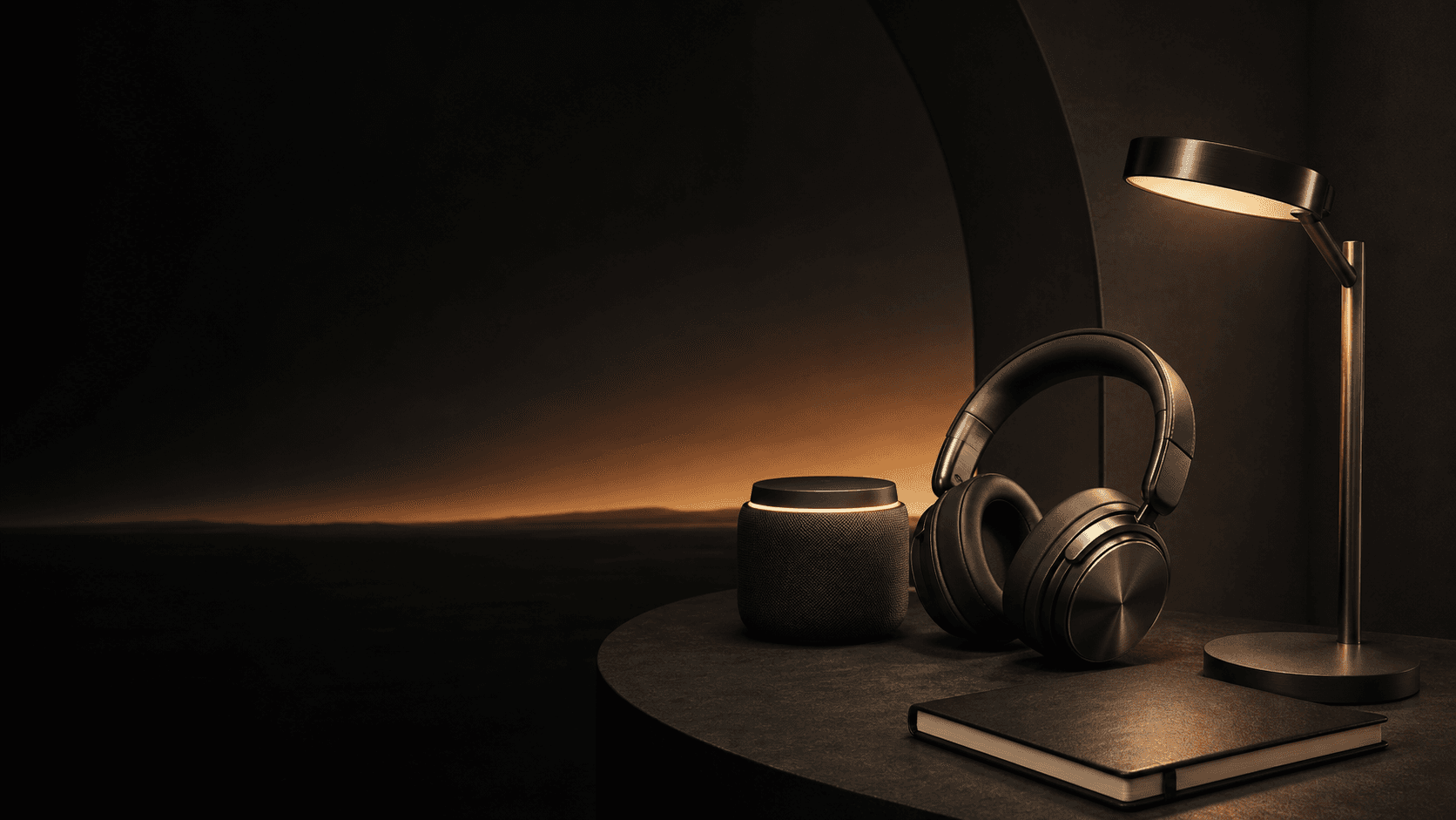 Modern technology essentials in a warm charcoal studio